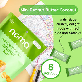 Numa Foods mini coconut peanut butter bars wrapped individually—portable vegan treat.