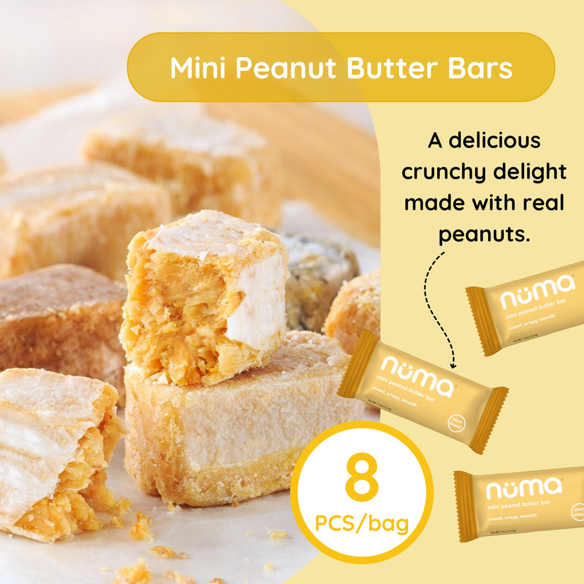 Numa Foods mini PB bars close-up, crunchy texture for a satisfying bite