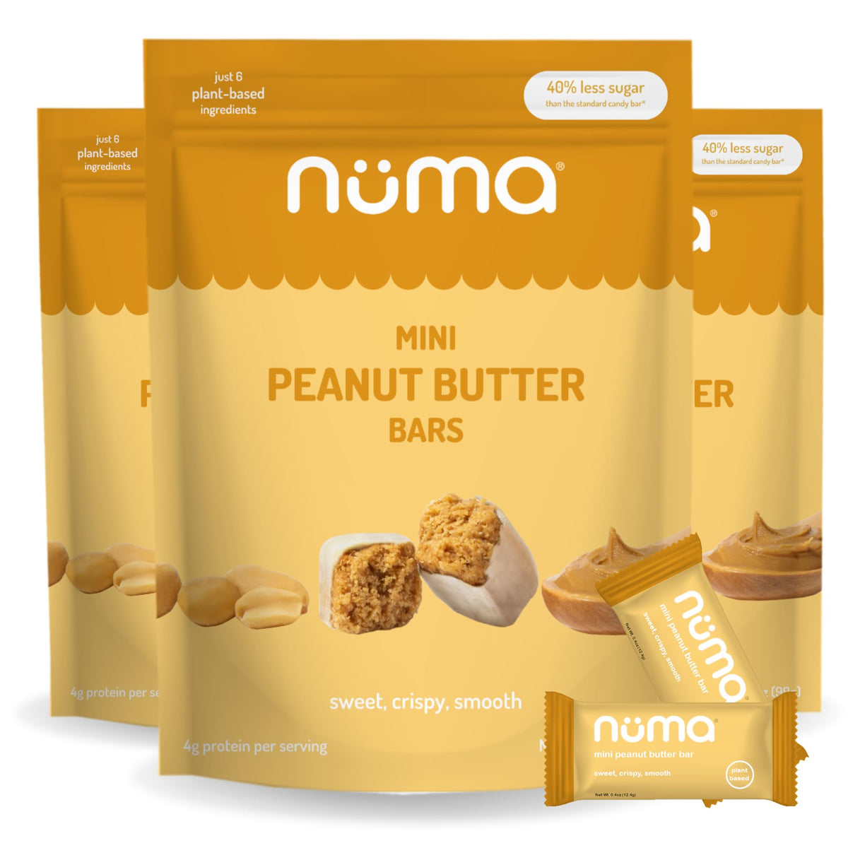 Numa Foods mini peanut butter bars packaging, convenient grab-and-go travel snack
