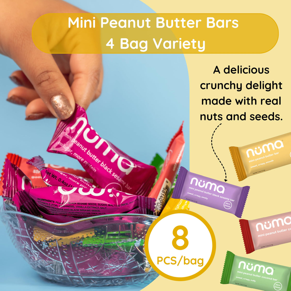Numa mini peanut butter bars closeup-texture: crunchy bite with a smooth peanut finish.