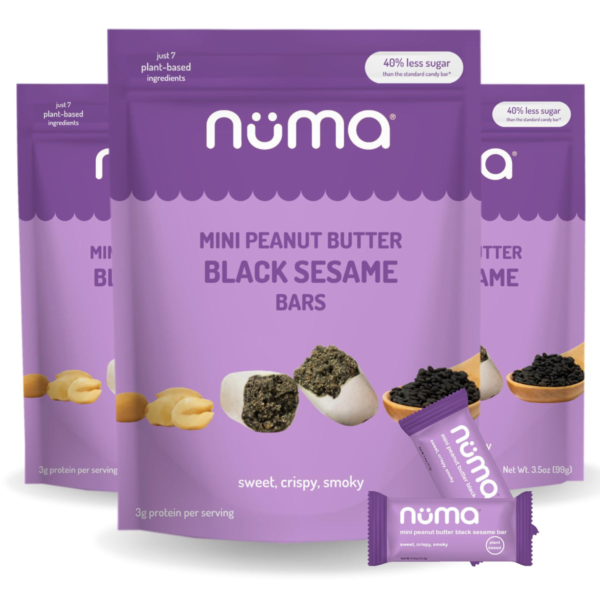 Numa mini peanut butter black sesame bars pack, protein-packed snack for on-the-go.
