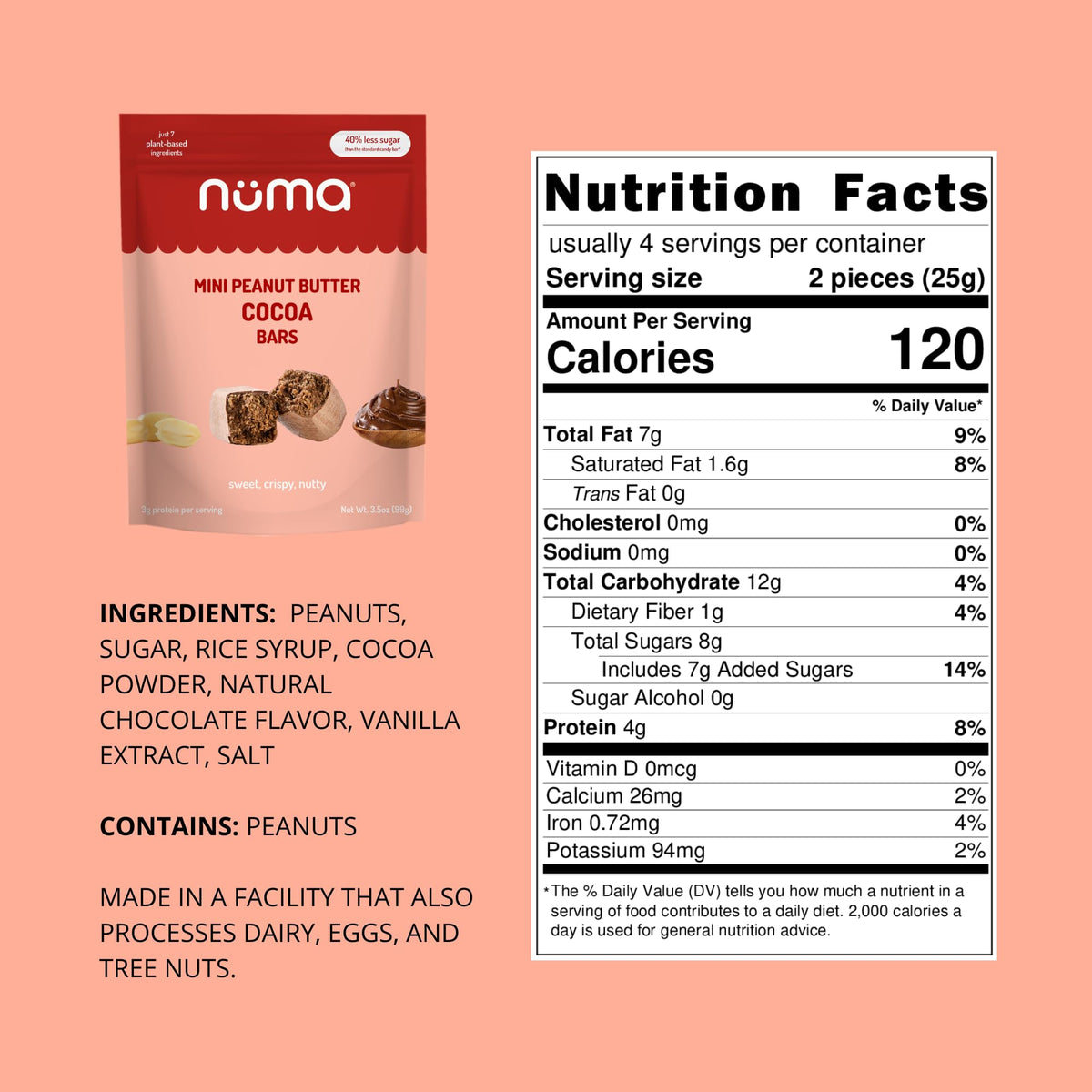 Numa Mini Peanut Butter Cocoa Bars cross-section reveals crunchy peanuts and cocoa.
