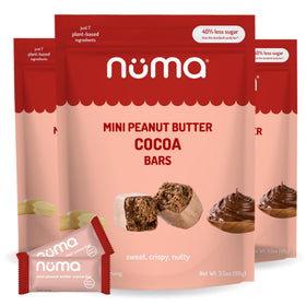 Numa Mini Peanut Butter Cocoa Bars packaging, convenient travel snack.