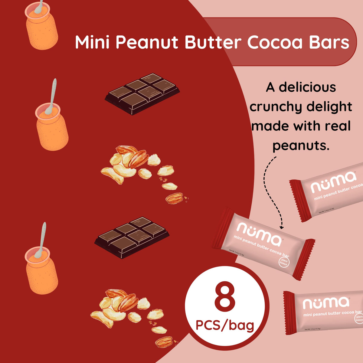 Numa Mini Peanut Butter Cocoa Bars show real roasted peanuts and cocoa.
