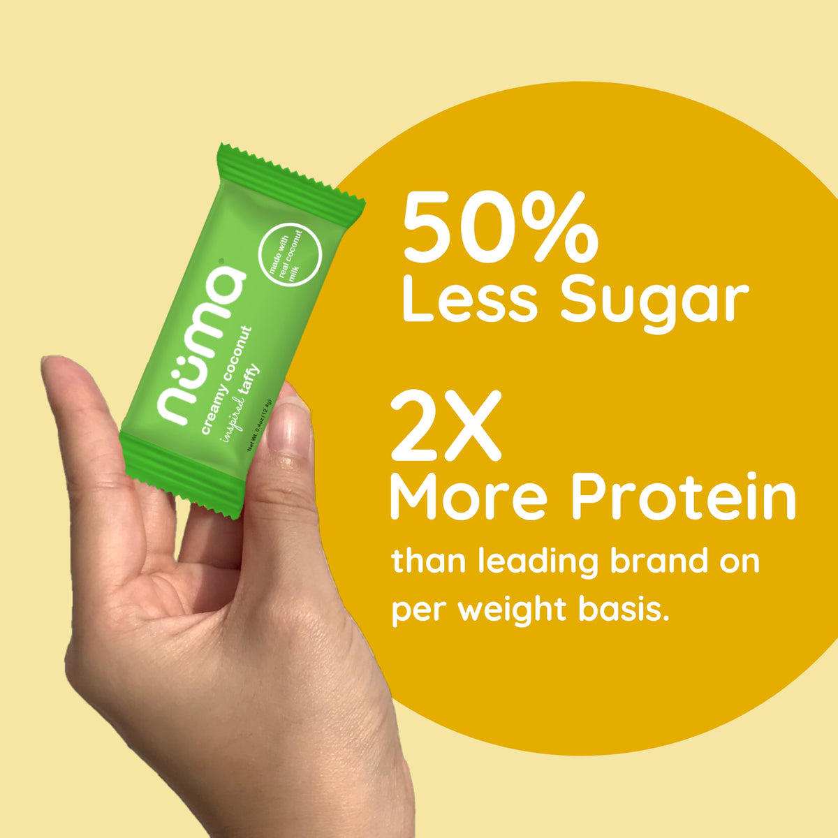 Numa Protein-rich snack badge highlighting nutrient content.