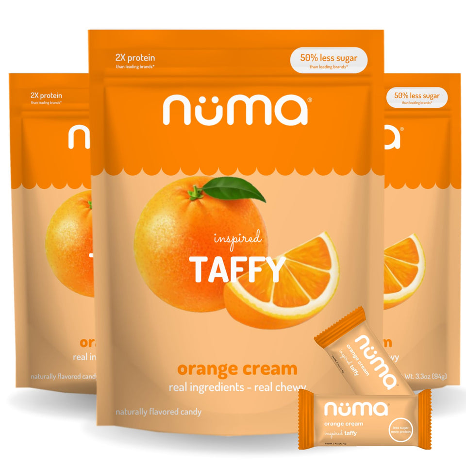 Numa Taffy Orange Cream packaging highlights simple ingredients and bold flavor.