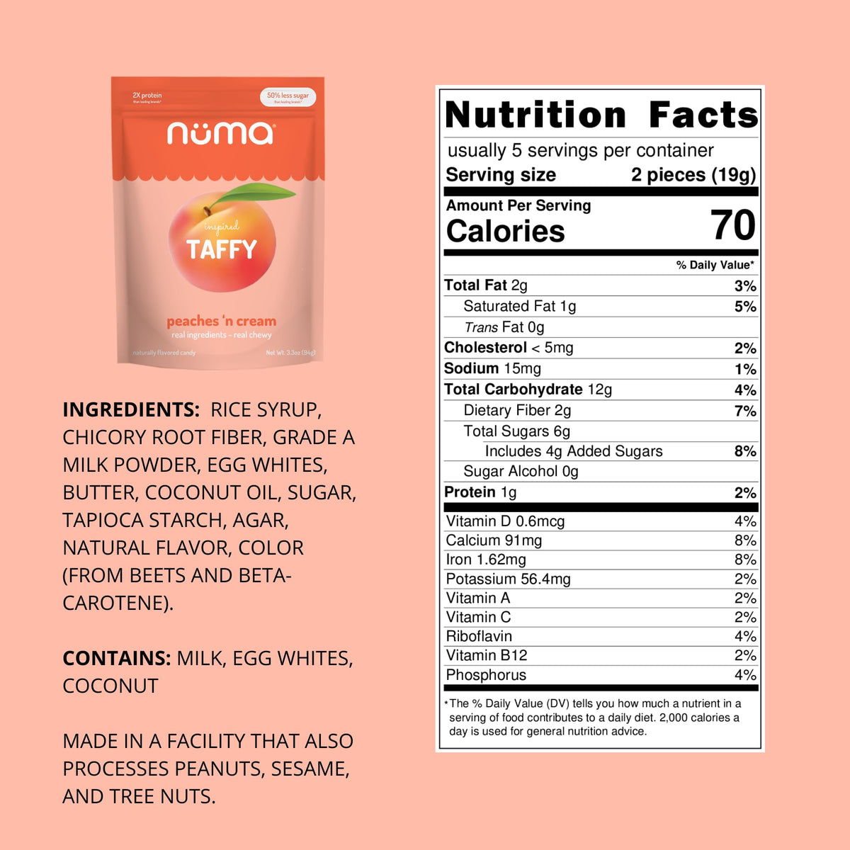 Numa Taffy Peaches 'n Cream individual chew for portable snacking.