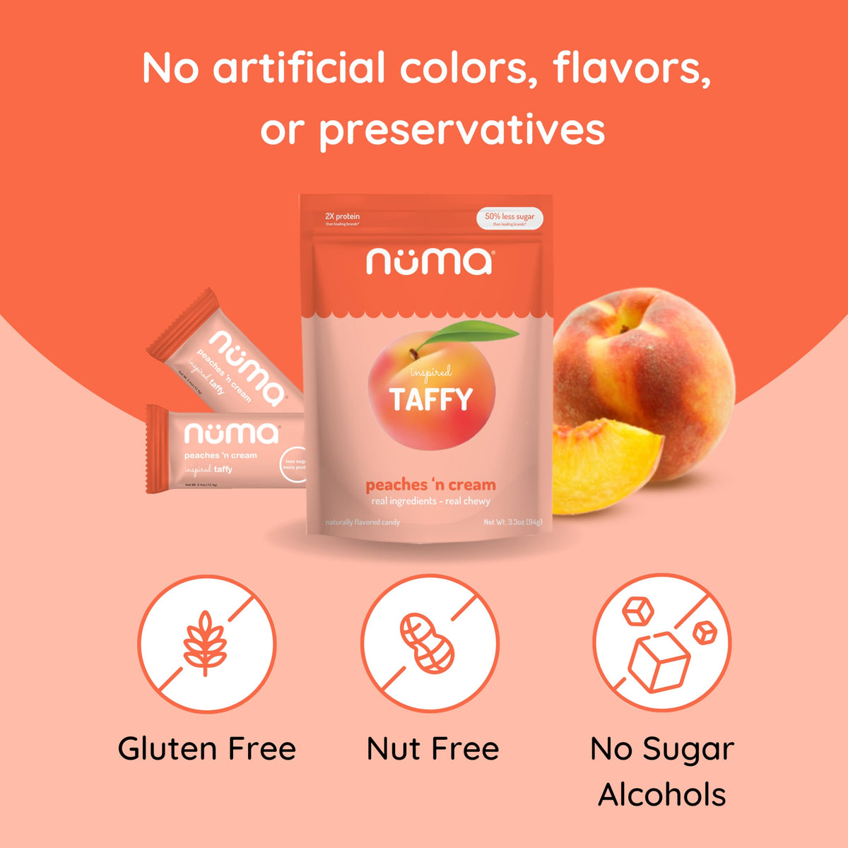 Numa Peaches 'n Cream packaging displayed on a box.