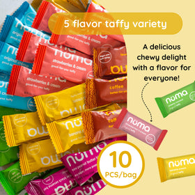 Numa Vanilla Banana Strawberry Coconut Coffee chews in bright colors.