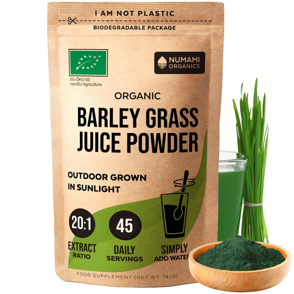 Numami Barley Grass Juice Powder bottle pour for a quick greens boost