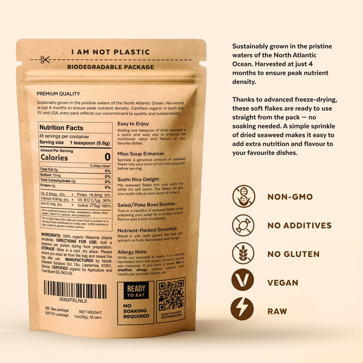 Numami Freeze-dried Wakame close-up, lightweight flakes preserve nutrients.
