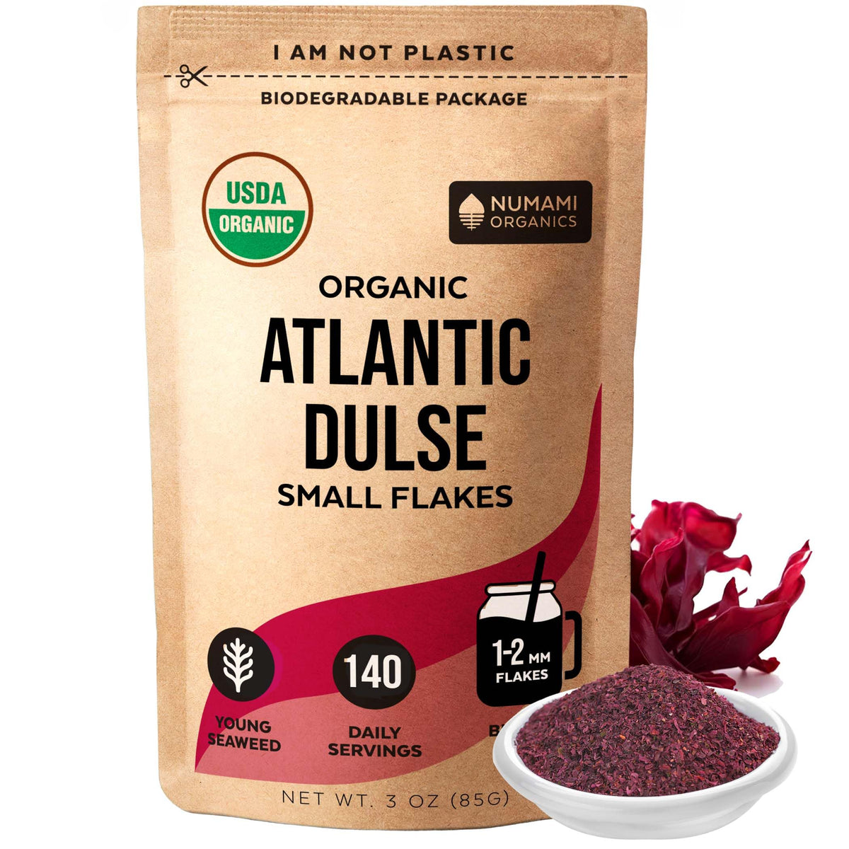 Numami Organic Atlantic Dulse flakes in a bottle pour ready to season meals