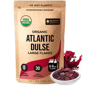Numami Organic Atlantic Dulse Flakes bag showing natural minerals and easy sprinkling use
