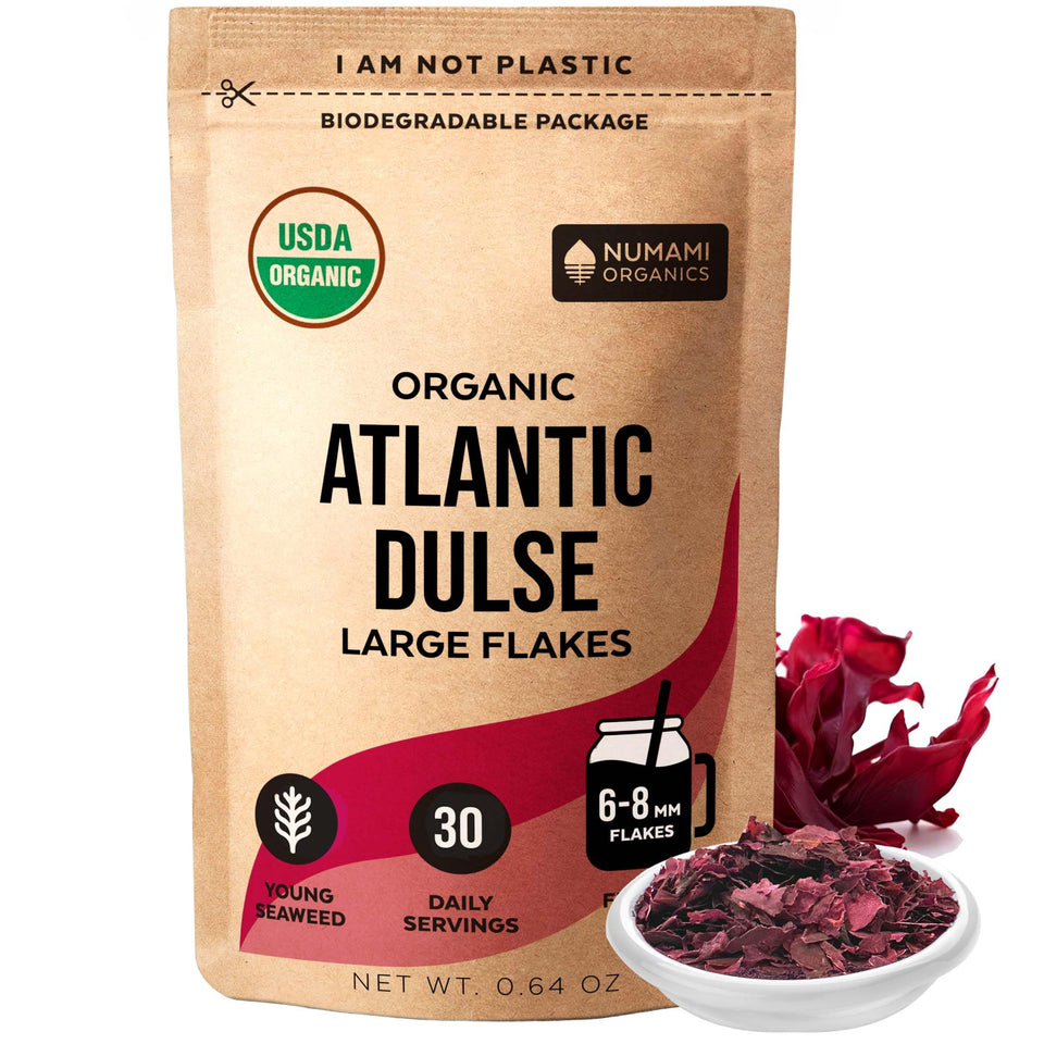 Numami Organic Atlantic Dulse Flakes bag showing natural minerals and easy sprinkling use