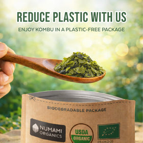 Numami Organic Kombu Flakes close-up, reduced-sodium option for healthier cooking.