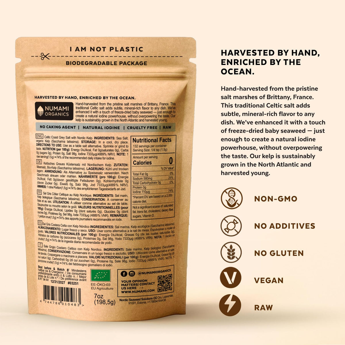Numami plastic-free packaging underscores eco-friendly, ready-to-use salt for kitchens.