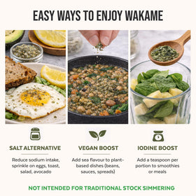 Numami Wakame Flakes miso soup bowl scene, adds depth and savory flavor.