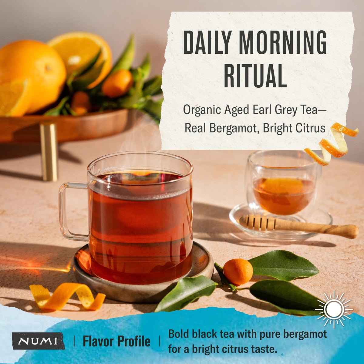 Numi aged Earl Grey tea bags enable convenient, consistent brewing hot or iced.
