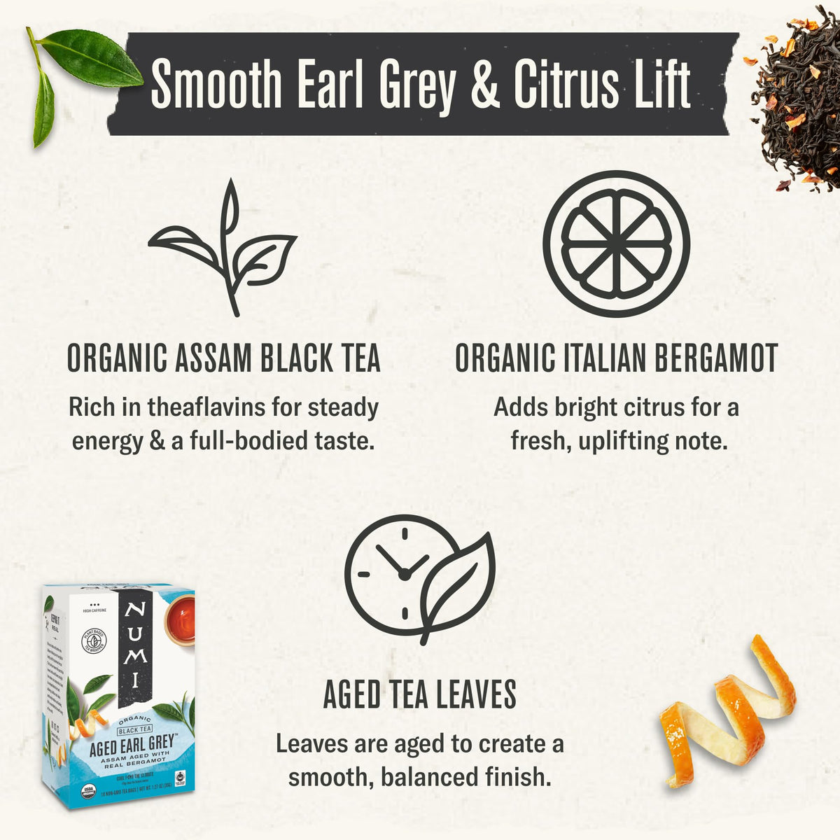 Numi aged Earl Grey tea brewed cup captures aromatic steam and balance.