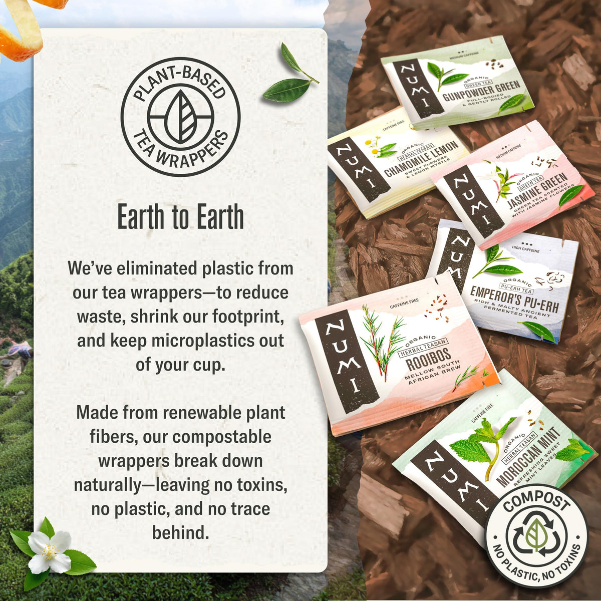 Numi box displays USDA Organic and Non-GMO certifications supporting responsible sourcing.