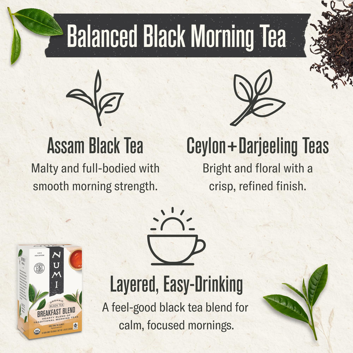 Numi Breakfast Blend Tea cup shows deep amber color.