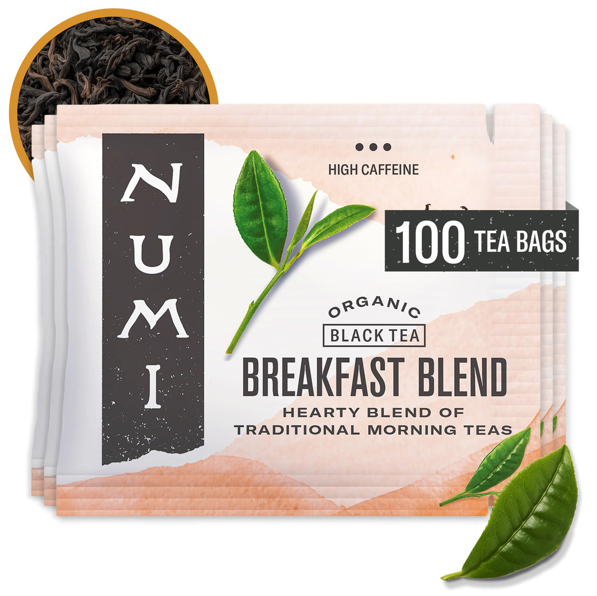 Numi Breakfast Blend tea bags ready for a bold morning brew.