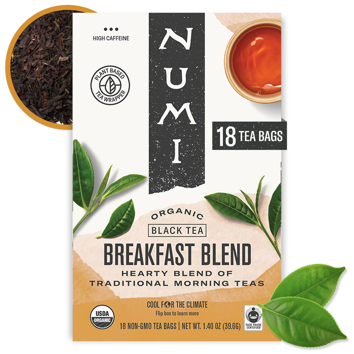 Numi Breakfast Blend Tea tea bags ready for convenient daily brewing.
