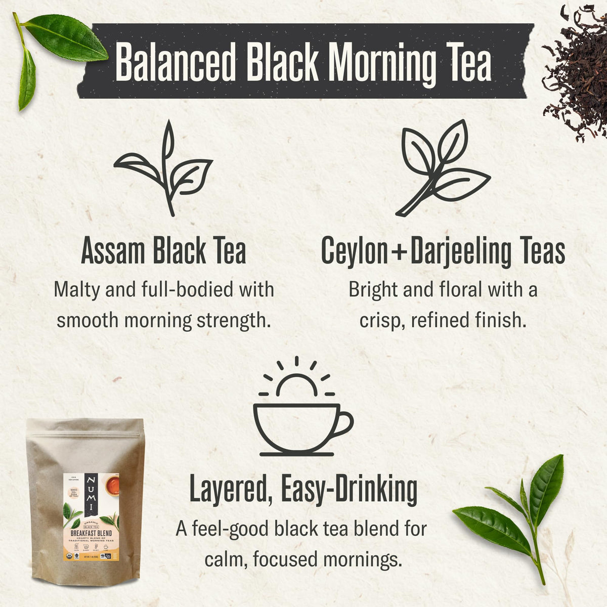 Numi Breakfast Blend cup pours a bold, smooth morning energy.