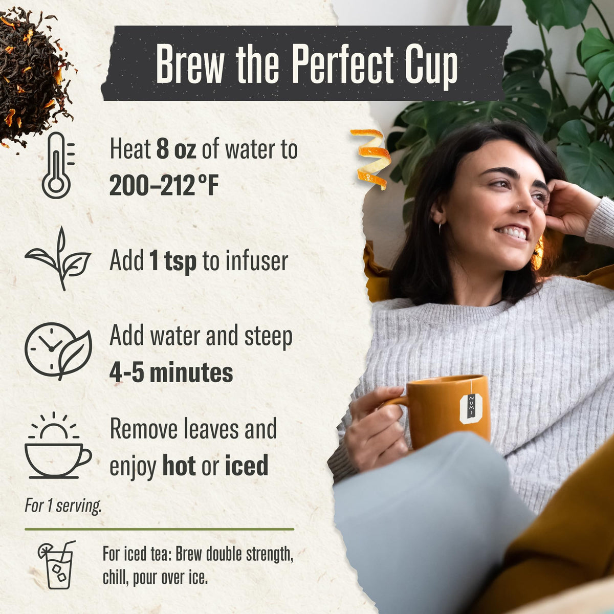 Numi brewing methods compatible with infuser or French press.