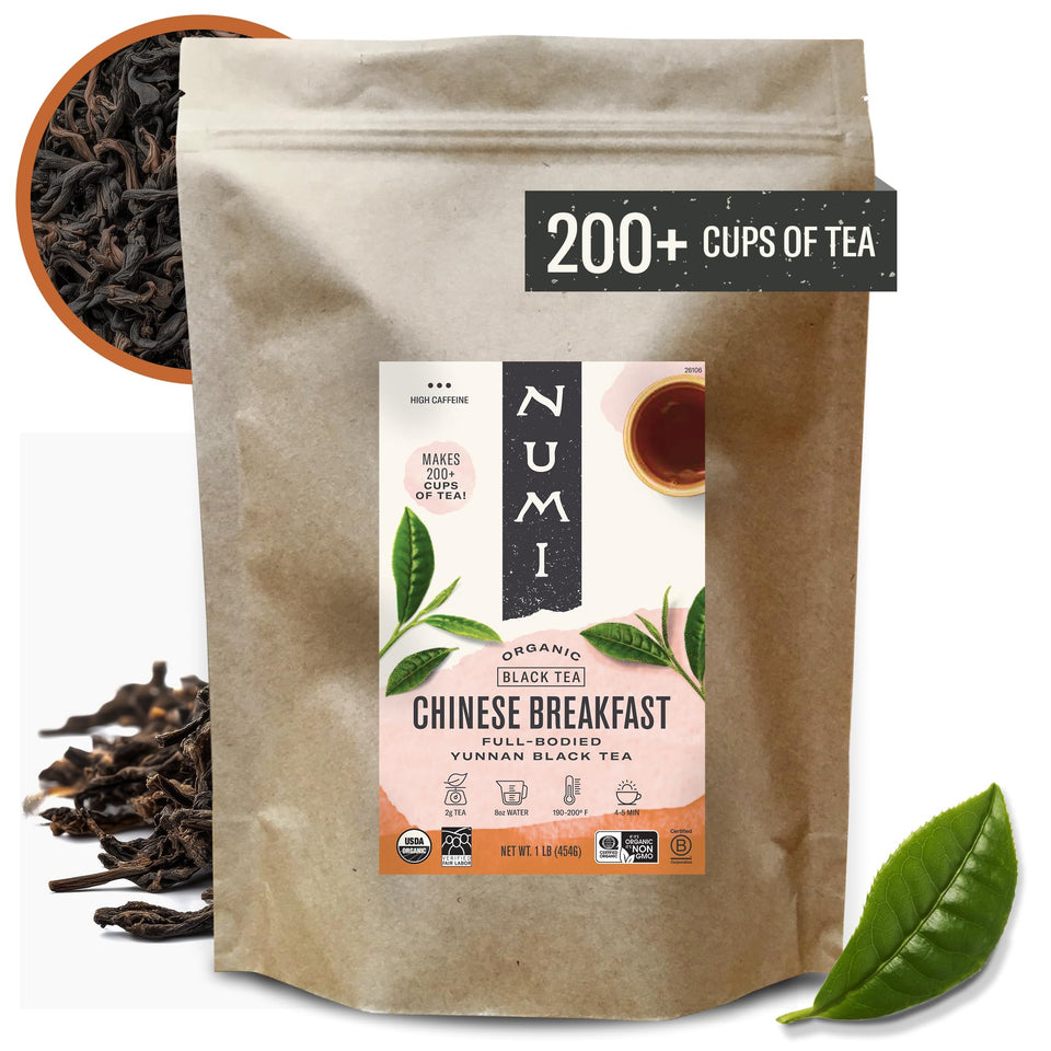 Numi Chinese Breakfast Tea loose-leaf in a 16oz pouch for fresh morning brews.