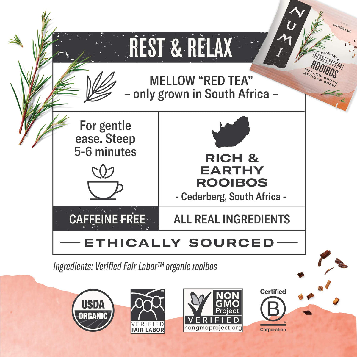 Numi Chocolate Rooibos tea bags with cacao aroma for dessert-like tea