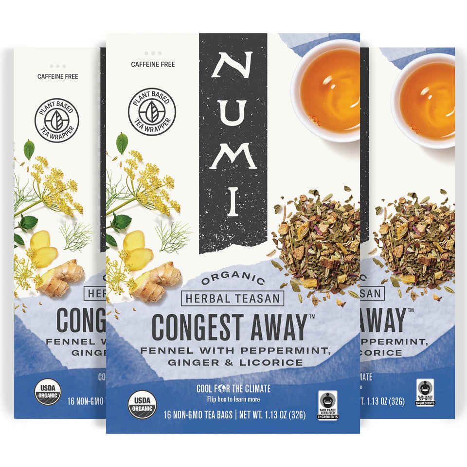 Numi Congest Away tea packaging front for caffeine-free respiratory comfort