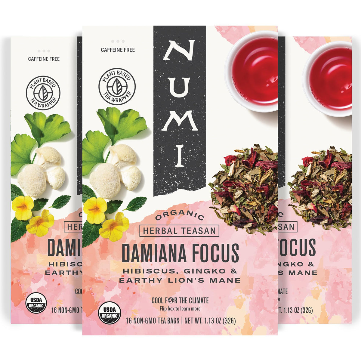 Numi Damiana Focus tea bags in packaging for convenient daily mindful sipping.