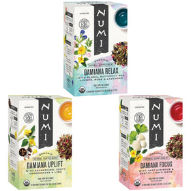 Numi Damiana Relax tea packet showing calming floral blend for relaxation