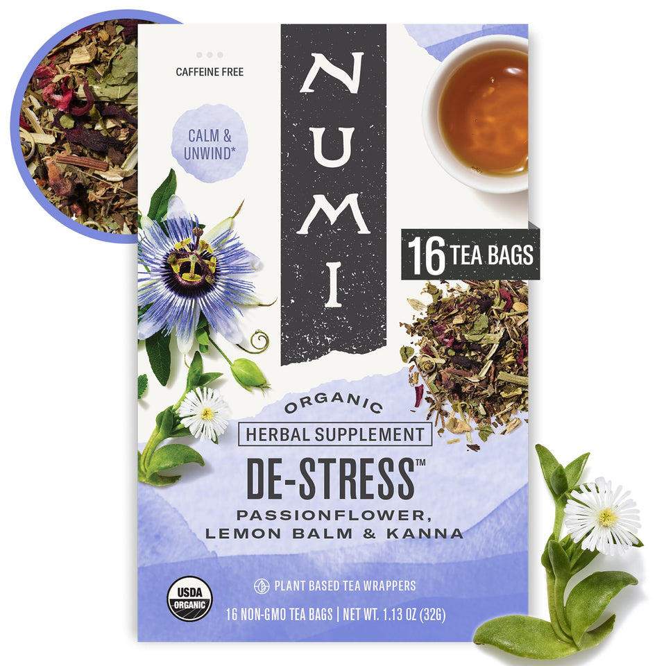 Numi De-Stress Tea Bags packaging shows calming herbal blend for relaxation and daily calm.