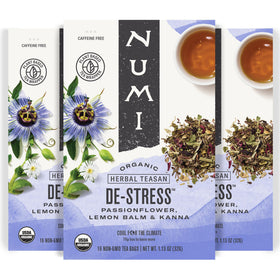 Numi De-Stress tea bags for a soothing, caffeine-free calm.