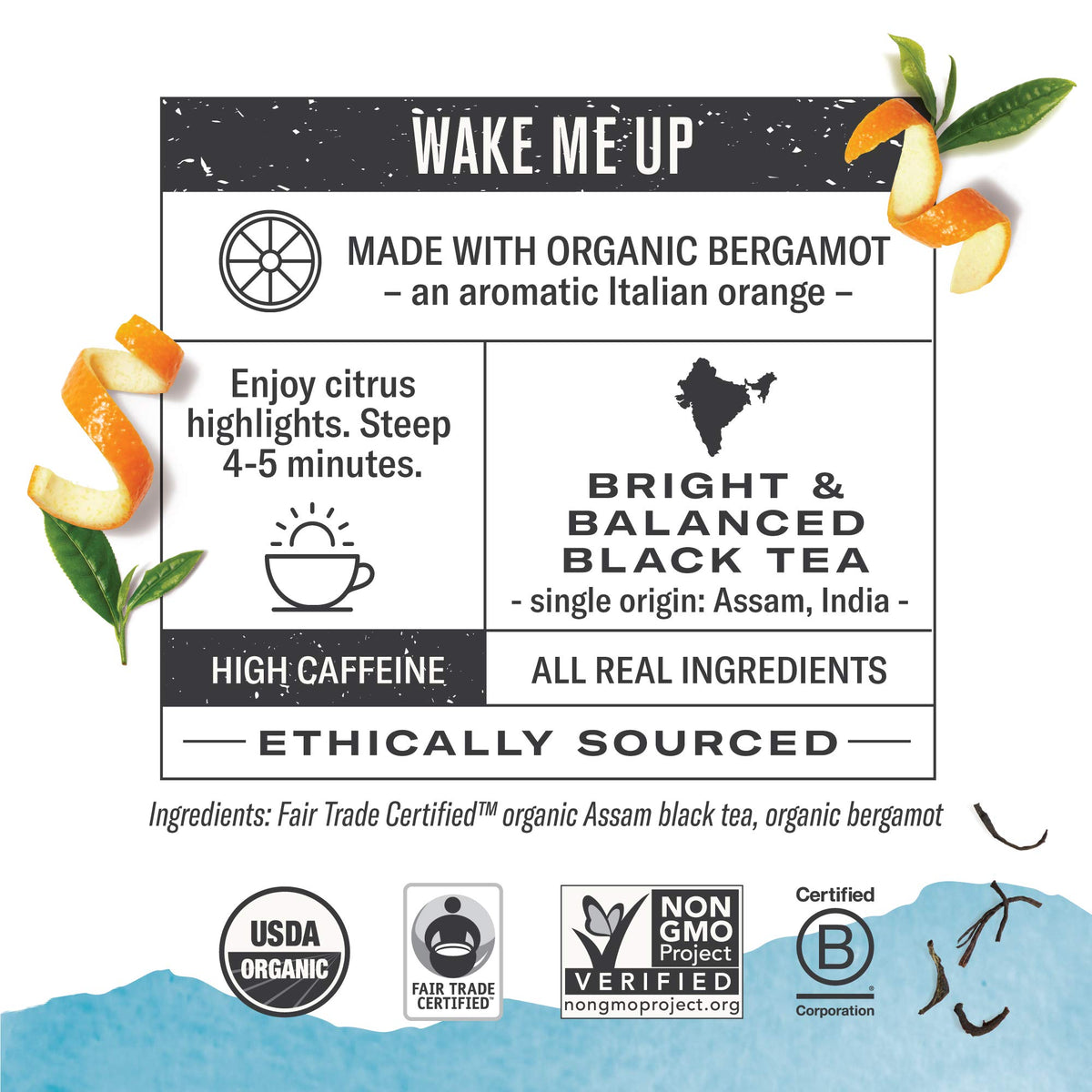 Numi Earl Grey tea with bergamot oil drops delivering fragrant aroma and brightness.