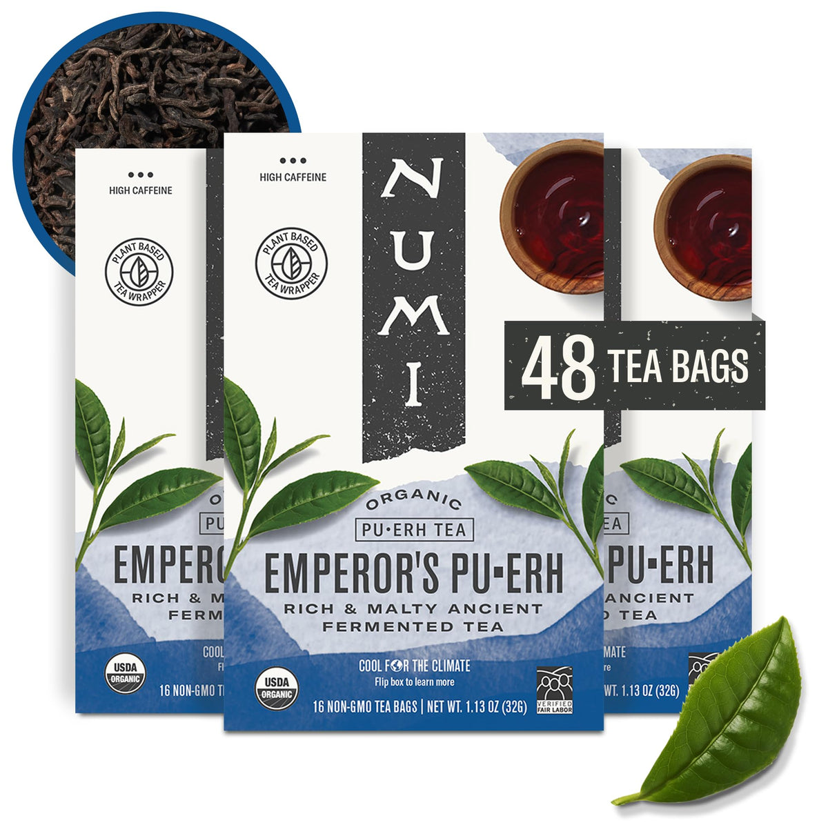 Numi Emperor's Pu-erh tea bags close-up showing rich flavor.