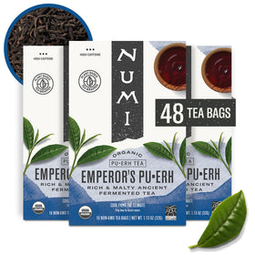 Numi Emperor's Pu-erh tea bags close-up showing rich flavor.