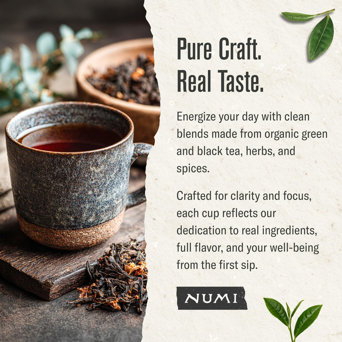 Numi Emperor's Pu-erh tea packaging highlights organic full-leaf quality.