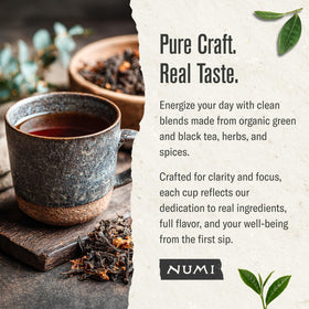 Numi Emperor's Pu-erh tea packaging highlights organic full-leaf quality.