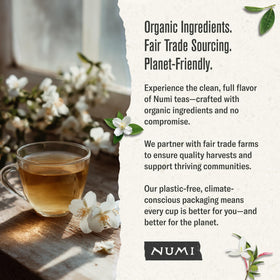Numi fair-trade organic sourcing supporting farmers and sustainable farming.