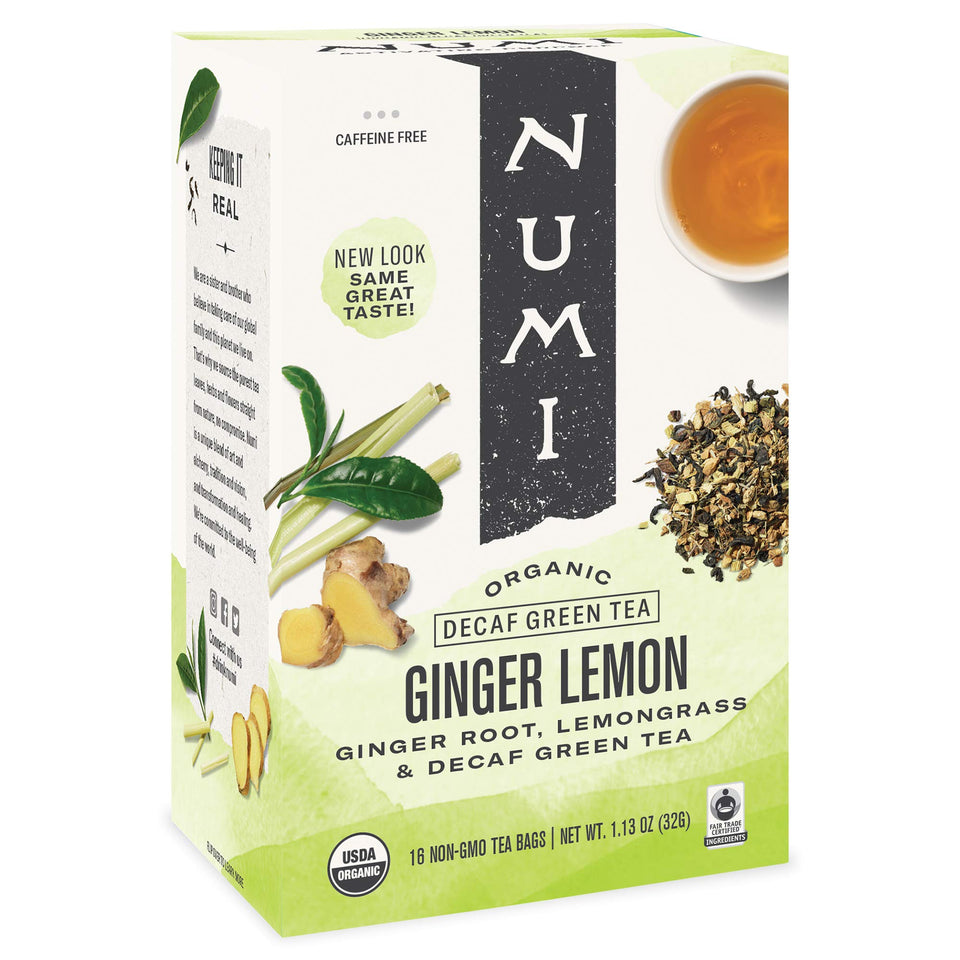 Numi Ginger Lemon Decaf Green Tea Bags for a soothing caffeine-free pick-me-up