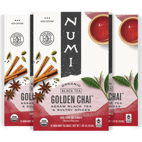 Numi Golden Chai pack of 3 bags ready for a rich, convenient tea ritual