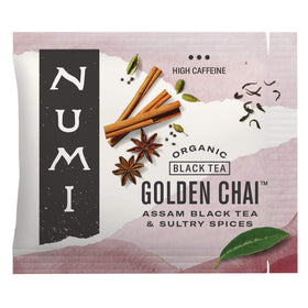 Numi Golden Chai tea bags for quick, flavorful brews.