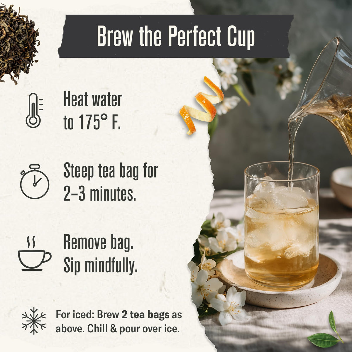 Numi green tea bags steeping in hot water releasing floral notes.