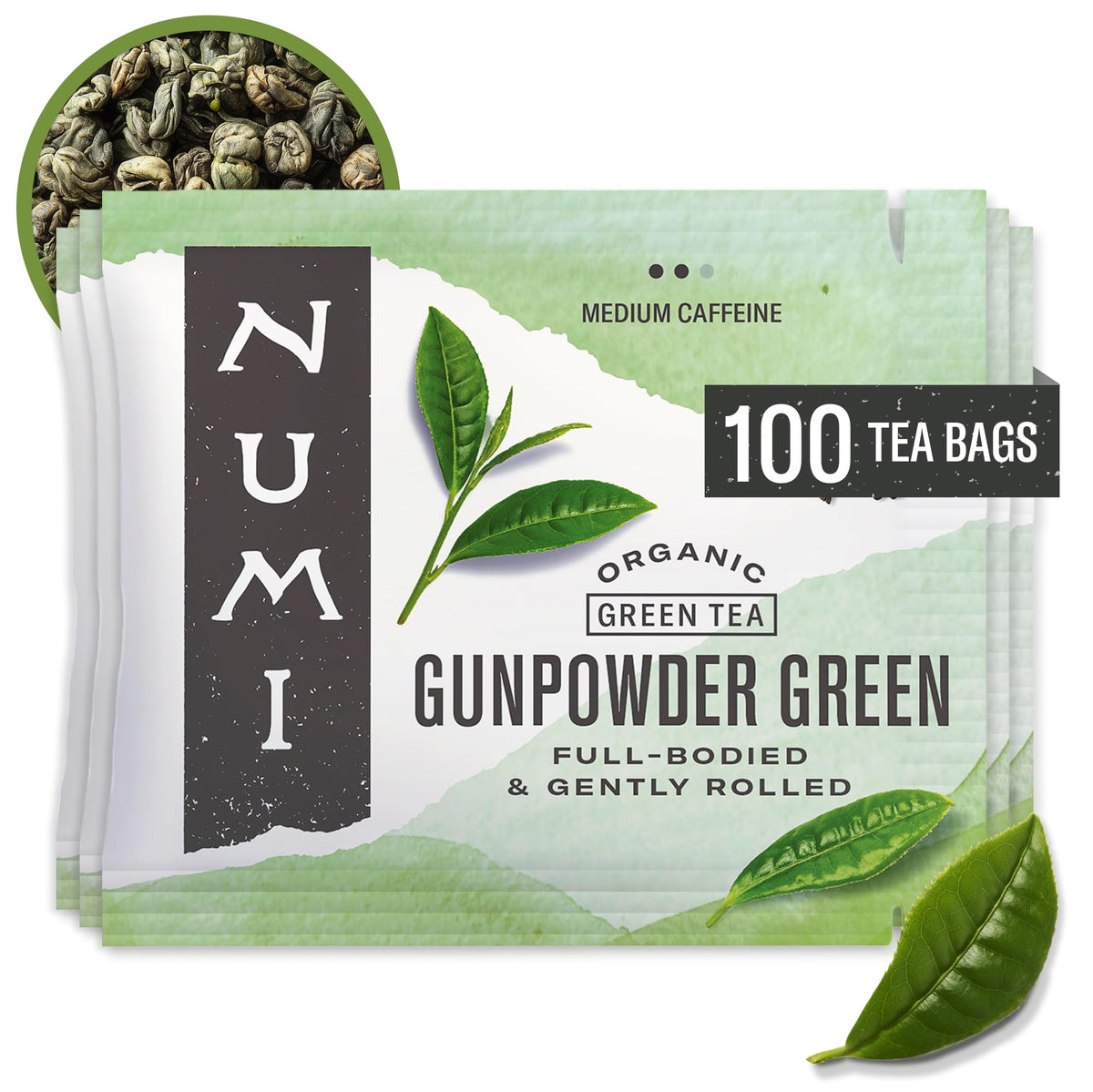 Numi gunpowder green tea bags packaging highlighting eco-friendly materials