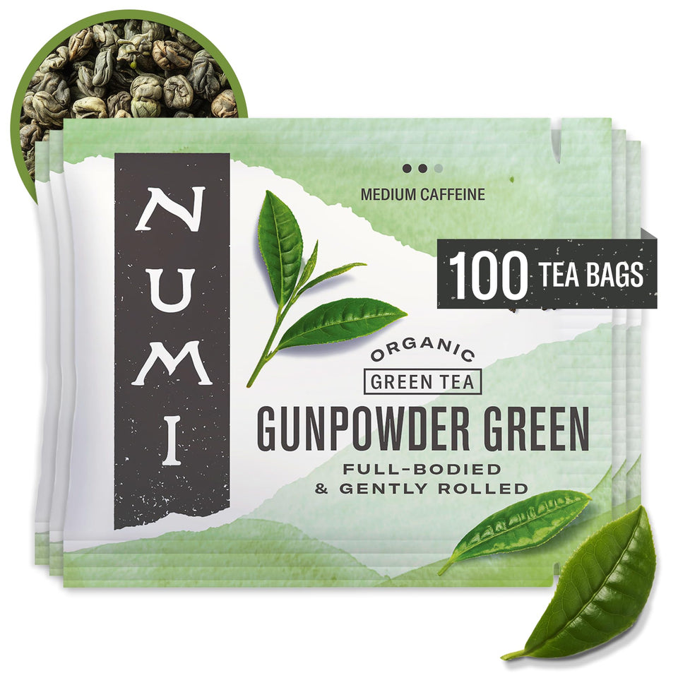 Numi gunpowder green tea bags packaging highlighting eco-friendly materials
