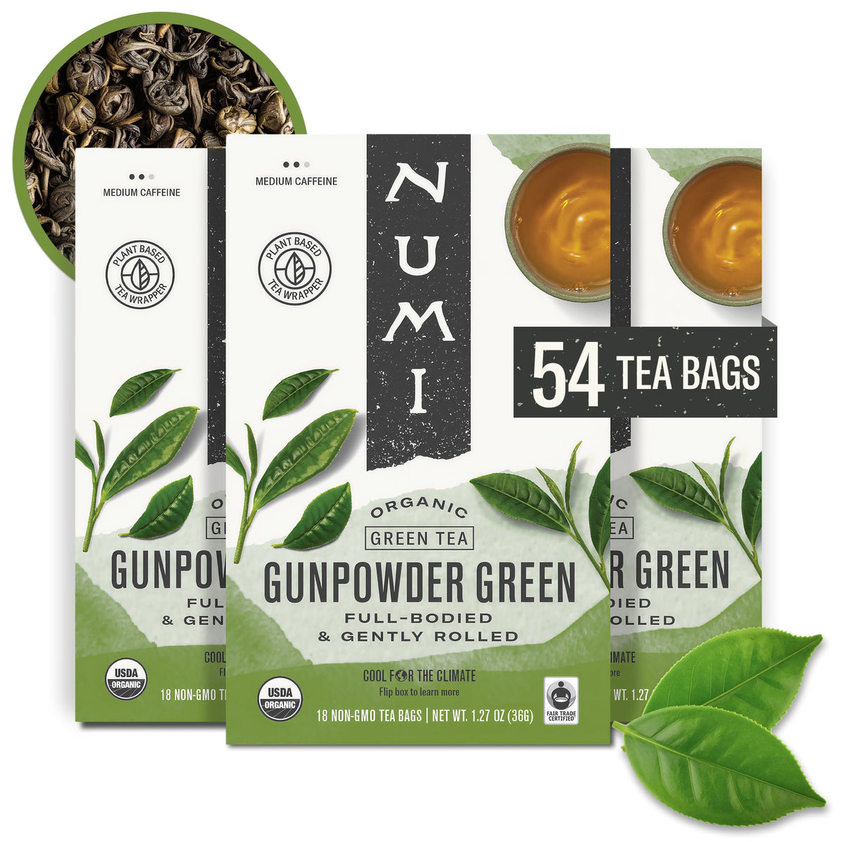 Numi Gunpowder Green Tea packaging with travel-friendly bags.