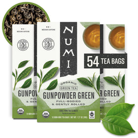 Numi Gunpowder Green Tea packaging with travel-friendly bags.
